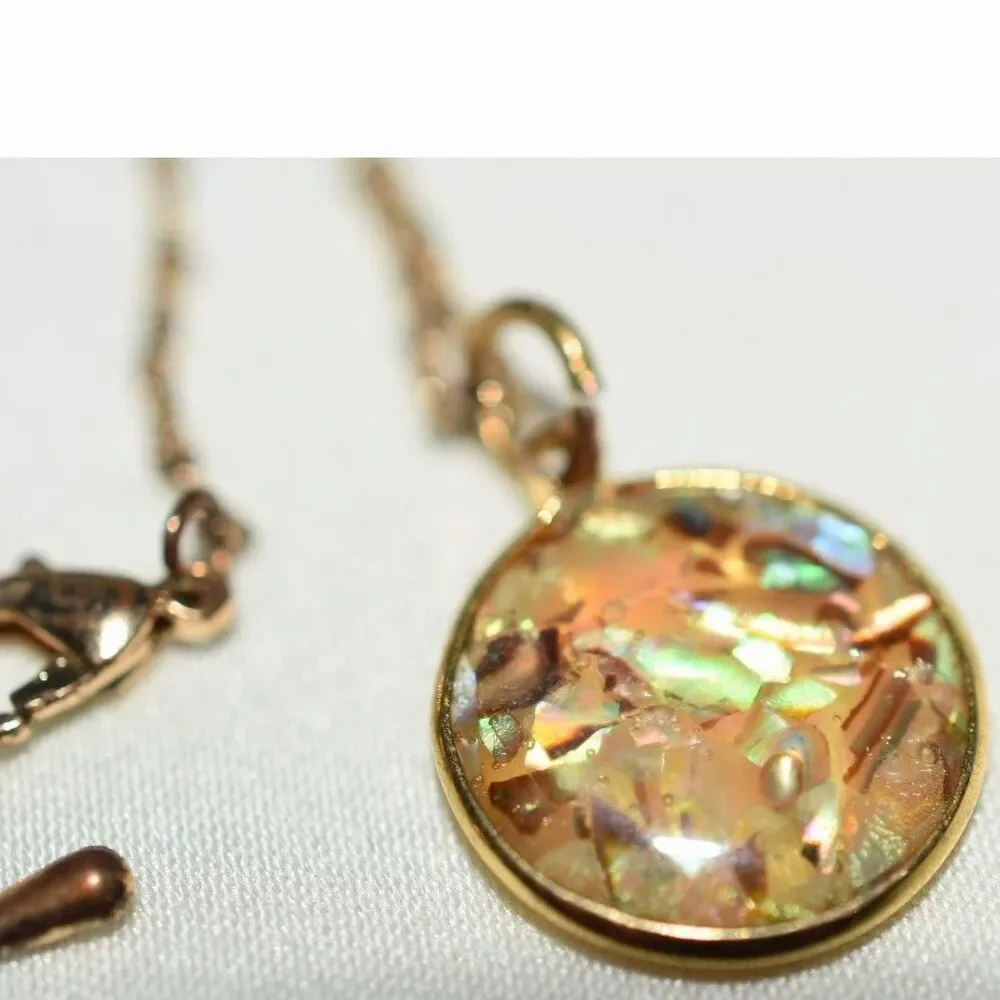 Trendy Iridescent Shell/Abalone Flakes Resin Pendant Gold Tone 14